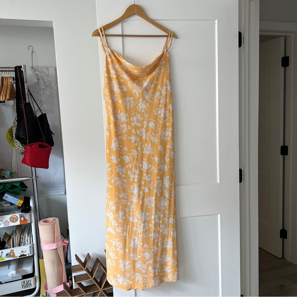 ABERCROMBIE & FITCH Yellow White Floral Midi Slip Cowl Neck Dress Sz Large